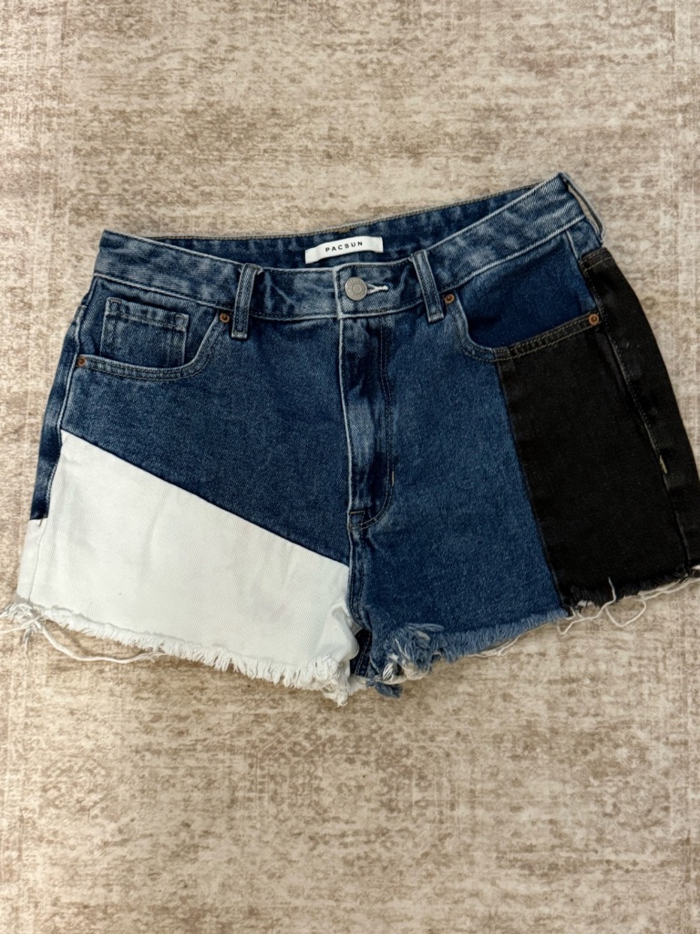 PacSun Women's Colorblock Denim Cutoff Shorts - Blue/White/Black